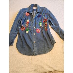 Tantrums Christmas Theme Jacket Medium Embroidered Denim Jean Jacket Vintage 90s